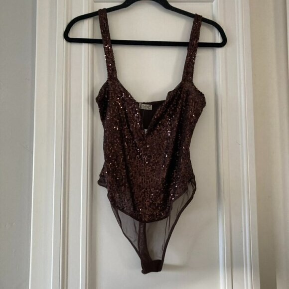 NWT Intentionally Free People Sparks Fly Corset Bodysuit Sequence Brown Sz S - Picture 1 of 6